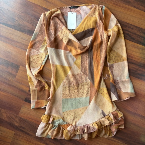 Zara Dresses & Skirts - Zara Patchwork‎ Geometric Mini Dress Cowl Neck Flare Sleeve Ruffle Hem Coachella